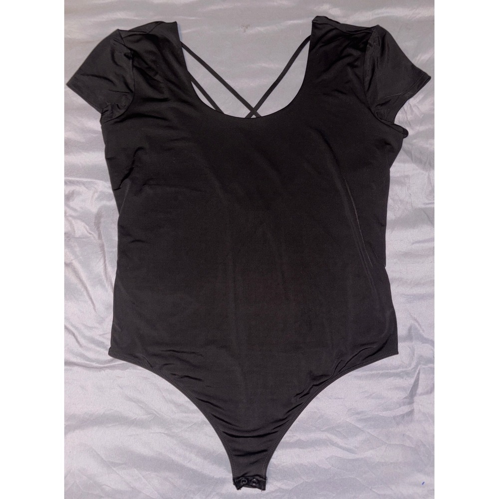 Express Body Contour Black Cap‎ Sleeve Scoop Neck Strappy Open Back Bodysuit, L